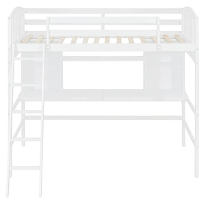 English Elm Twin Loft Bed with Built-in Desk Corner Shelves and Ladder Solid Pine White Frame LT100140KAA