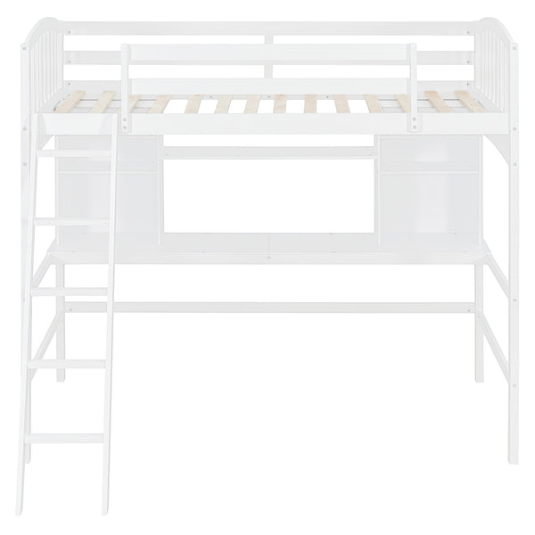 English Elm Twin Loft Bed with Built-in Desk Corner Shelves and Ladder Solid Pine White Frame LT100140KAA