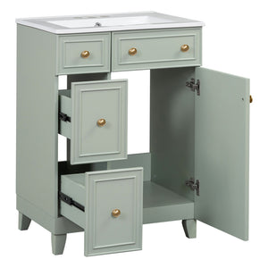 English Elm 24-Inch Bathroom Vanity Cabinet with Ceramic Sink, Space-Saving Storage, Solid Wood Feet, Durable Finish Green WF532034AAF