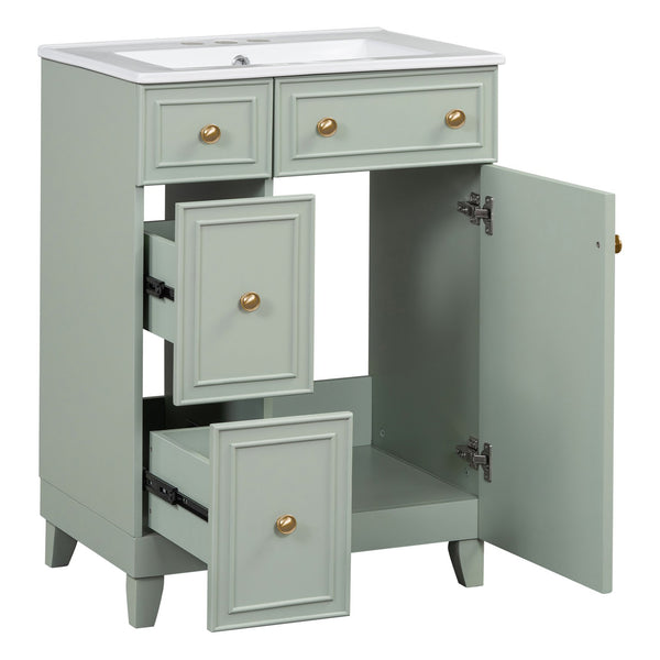 English Elm 24-Inch Bathroom Vanity Cabinet with Ceramic Sink, Space-Saving Storage, Solid Wood Feet, Durable Finish Green WF532034AAF