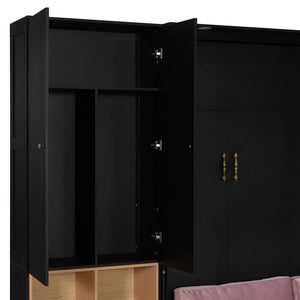 English Elm Queen Murphy Wall Bed with Velvet Sofa Built in Shelves Cabinets and Reading Lights Black LP000393AAB
