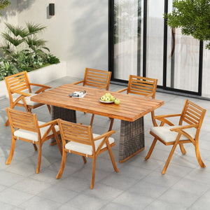 English Elm Christopher Knight Home® - Outdoor 7-Piece Acacia Wood Dining Set With Plush Cream Cushions & Handwoven Grey Rattan Legs N773OD00044G