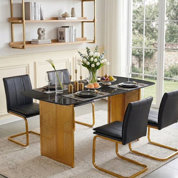 English Elm Modern-style Marble Glass Dining Table Seats Six with Sleek Black Metal Legs W5123P397514