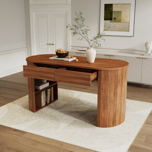 English Elm Storage Writing Desk with Curved Base Open Shelves and Drawers for Home Office Dark Walnut N757P306285D