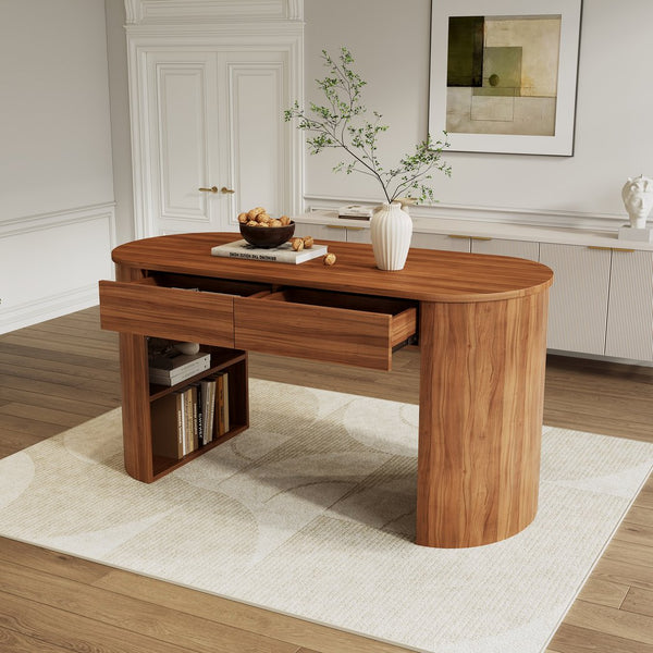 English Elm Storage Writing Desk with Curved Base Open Shelves and Drawers for Home Office Dark Walnut N757P306285D