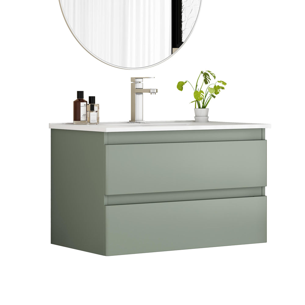 English Elm 32-Inch Wall-Mounted Bathroom Vanity With Integrated Ceramic Sink, Soft-Close Drawers & Modern Green Finish W3151S00044
