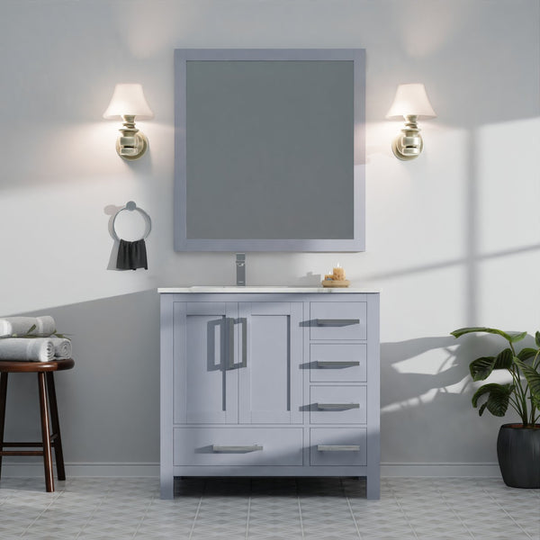 English Elm Dark Grey Bath Vanity Set With Carrara Marble Top, Chrome Faucet & Coordinated 34" Mirror Included B2731S01260
