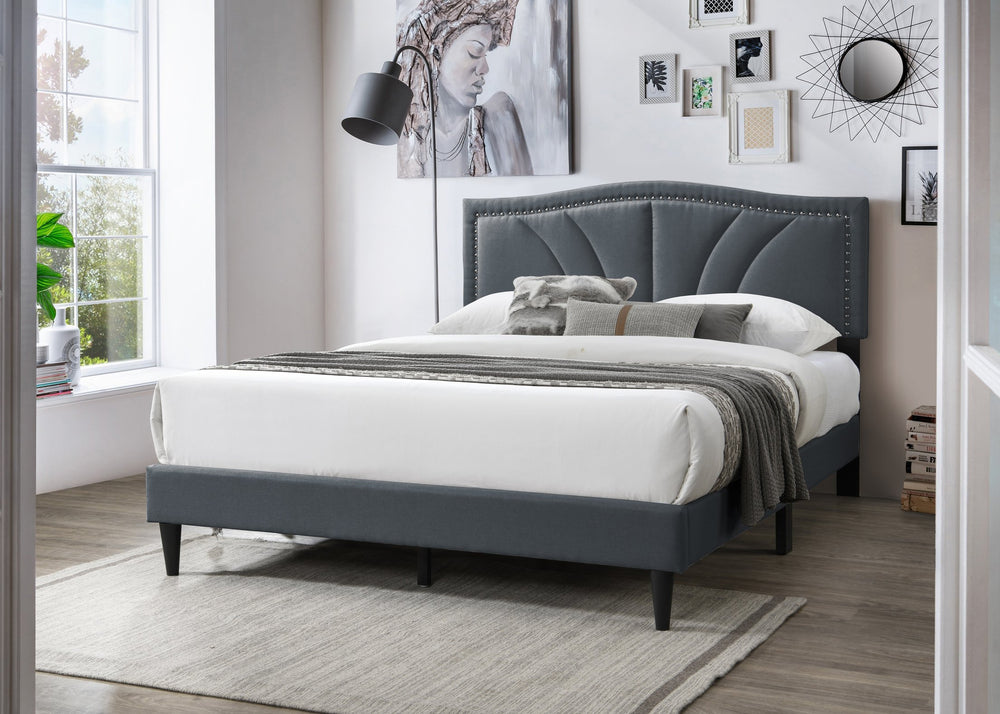 English Elm Modern Burlap Upholstered Platform Bed Nailhead Trim Sloped Headboard Charcoal B011P418594