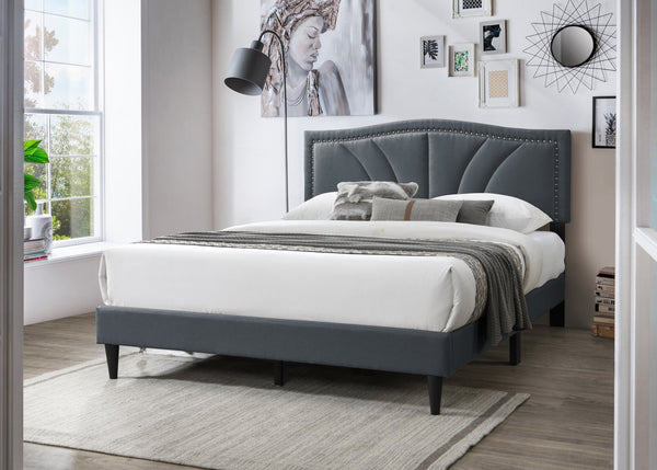 English Elm Modern Burlap Upholstered Platform Bed Nailhead Trim Sloped Headboard Charcoal B011P418594
