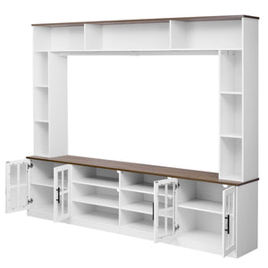 English Elm 95.5" Wide Modern Farmhouse Wall Unit with Tempered Glass Cabinets and Bookshelf Storage White SJ000157AAK