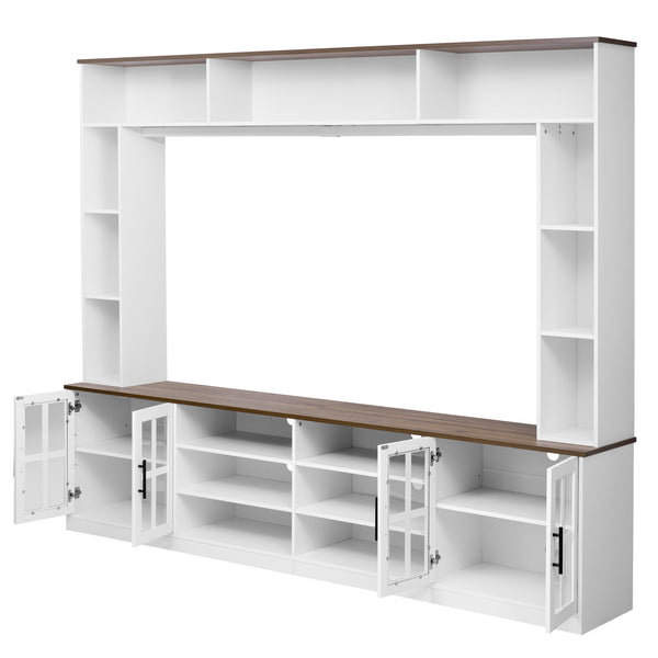 English Elm 95.5" Wide Modern Farmhouse Wall Unit with Tempered Glass Cabinets and Bookshelf Storage White SJ000157AAK