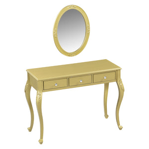 English Elm Luxury Makeup Vanity Desk with Oval Mirror and Engraved Floral Frame, Velvet Jewelry Tray, Durable Drawers and Elegant Console for Bedroom & Living Room Decor Gold N844P292481G
