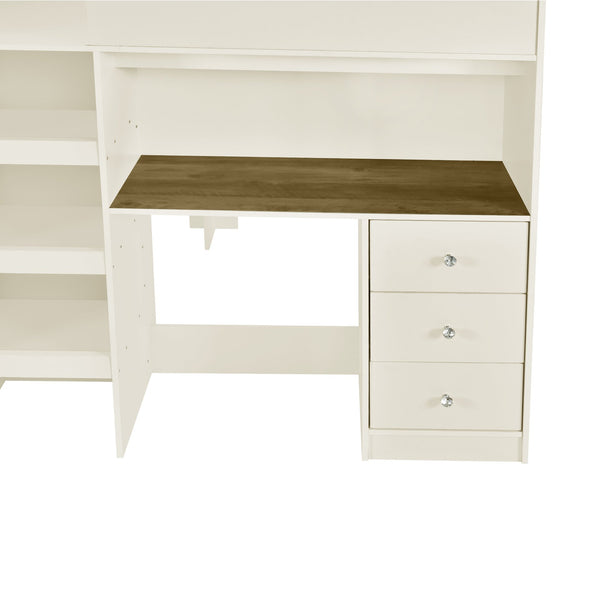 English Elm Wood Full Size Loft Bed with Built-In Wardrobe, Spacious Desk, Shelves and 3 Drawers for Storage Beige GX001819AAA