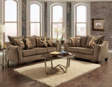 American-Made Camero Cafe Fabric Pillowback Sofa with Overstuffed Cushions & Espresso Block Legs, 90x38x39