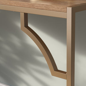 English Elm Writing Desk with Warm Mango Finish and Satin Gold Metal Frame, Compact Engineered Wood Workspace and Glass Shelf, Sturdy Design for Home Office, Hallway or Guest Room — Easy Assembly B356P368904