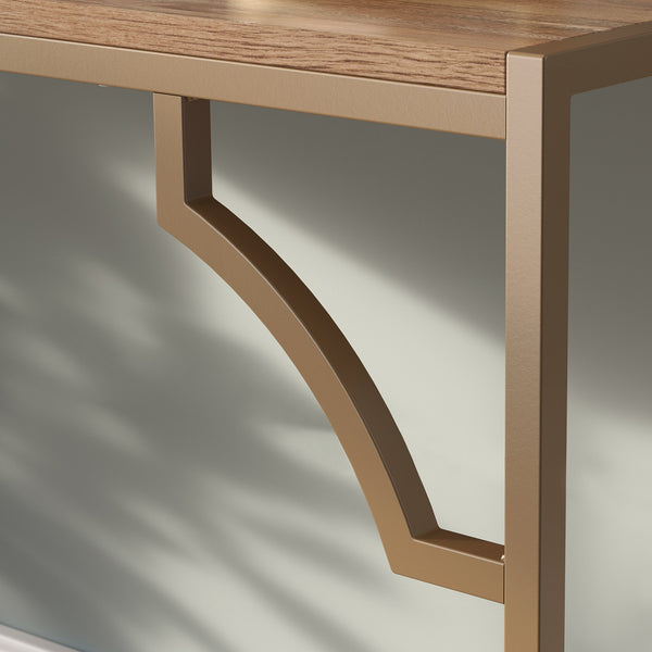 English Elm Writing Desk with Warm Mango Finish and Satin Gold Metal Frame, Compact Engineered Wood Workspace and Glass Shelf, Sturdy Design for Home Office, Hallway or Guest Room — Easy Assembly B356P368904