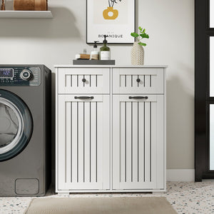 English Elm Laundry Sorting Cabinet with Two Hamper Bags Two Drawers and Melamine Finish W331P373959
