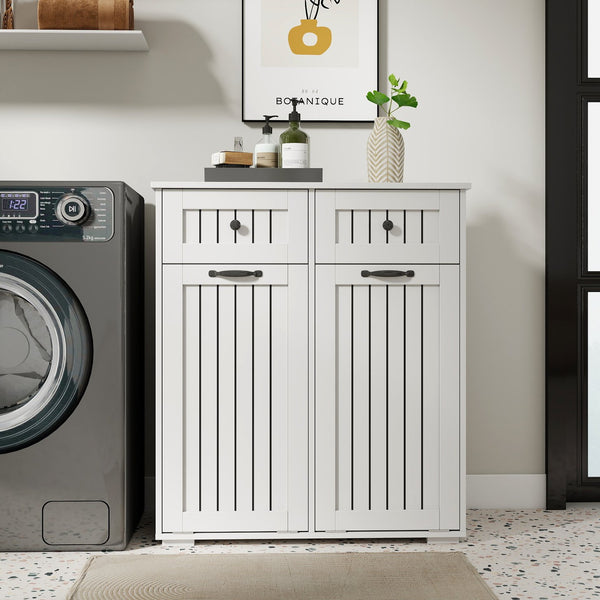 English Elm Laundry Sorting Cabinet with Two Hamper Bags Two Drawers and Melamine Finish W331P373959