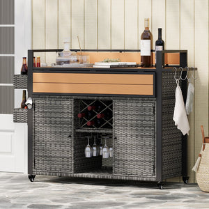 English Elm K&K Wicker Outdoor Grill Cart with Foldable Drop Leaf, Locking Wheels, Wine Rack & Ample Storage Grey N707P233747G