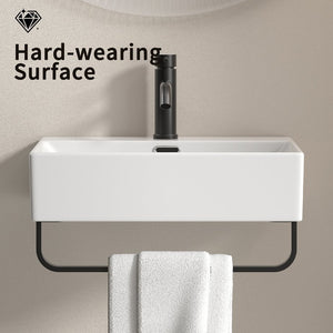 English Elm White Ceramic Wall Mount Bathroom Sink with Integrated Towel Rack for Small Spaces W3402P362473
