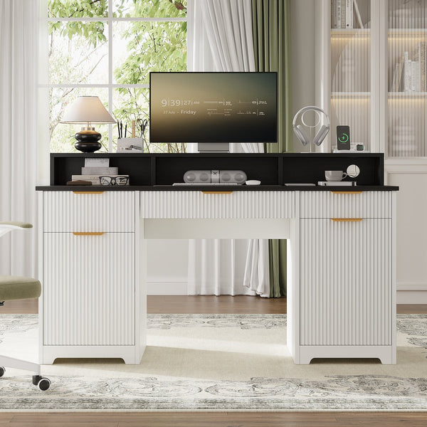English Elm Executive Home Office Desk with Power Outlets Monitor Stand and File Storage T3773P417164