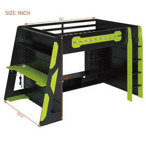English Elm Full Size Wood Loft Bed with Rgb Lighting Desk Storage and Gaming Console Shelf Green LT000260AAG