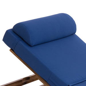 English Elm U_style Acacia Wood Outdoor Chaise Lounge with Retractable Tray and Padded Headrest Navy Blue WY000473AAC