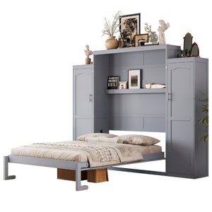 English Elm Queen Murphy Wall Bed Walnut Wooden Frame Dual Wardrobes Foldable Guest Room Storage N733S235627E