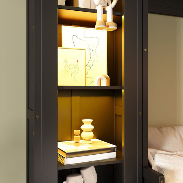 English Elm Queen Murphy Platform Bed with Foldaway Cabinet, Built-In LED, Side Cabinets & Drawers for Small Spaces Black N7090002226B