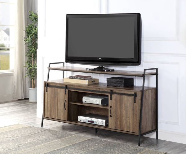 English Elm Rashawn Rustic Oak TV Stand with Black Frame, Sliding Barn Doors, 6 Compartments & Open Shelf B2726P256332