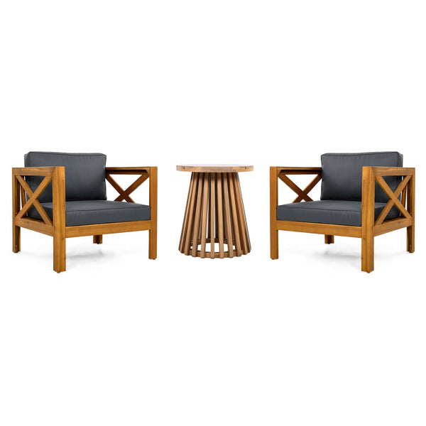 English Elm Christopher Knight Home® - Patio Conversation Set - Elegant Acacia Wood Chairs & Teak-Finish Side Table With Cushions, Outdoor Comfort N770P264304G_N770P313252L