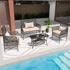 English Elm 4 Piece Outdoor Pe Rattan Wicker Conversation Set with Tempered Glass Coffee Table Beige W2071P296910
