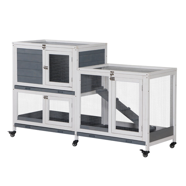 English Elm Pawhut Two Story Fir Wood Indoor Rabbit Hutch on Casters with Sliding Tray W2225P229225