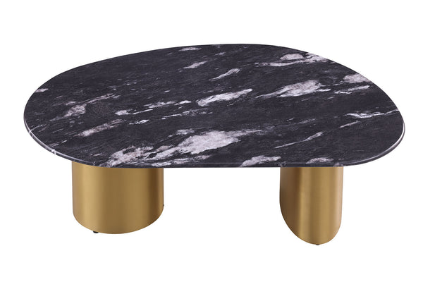 English Elm 1pc Oval Coffee Table with Sintered Stone Top, Matte Gold Legs, Black & Gray Two-Tone Curved Edge Finish B2741S00641