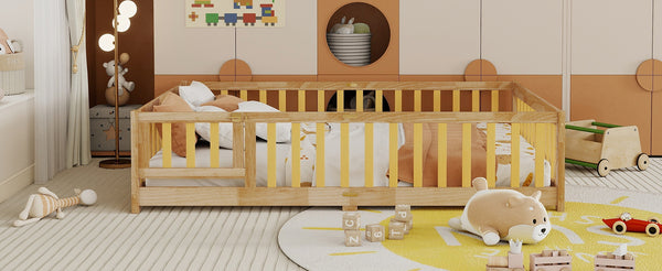 English Elm Full Size Floor Bed With Safety Guardrails, Eco-Friendly Rubber Wood, Minimalist Design & Easy Access W504P286380