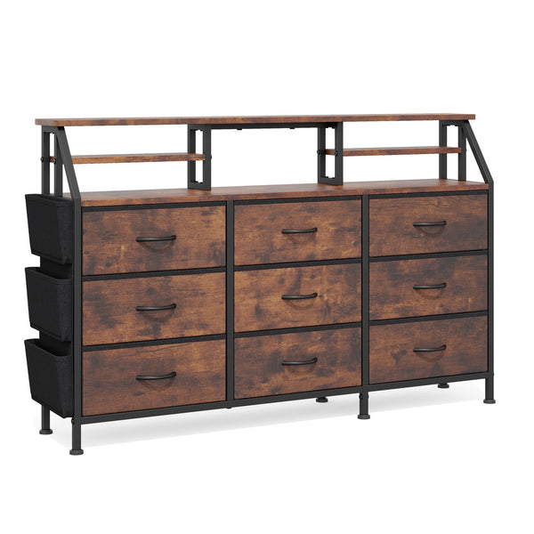 English Elm 55''W Modern Dresser with 9 Fabric Drawers & 2 Open Shelves — Sturdy Wood‑Metal Chest, Anti‑Tip Stability Brown T3950P402194