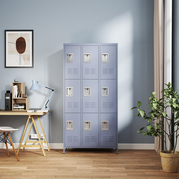 English Elm 9 Compartment Steel Locker Tower Powder Coated Gray for Gym Office or Bedroom T2398P251437