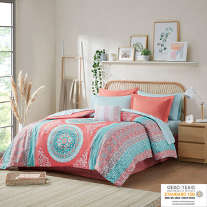 Intelligent Design Loretta Global Inspired Boho Comforter Set with Bed Sheets ID10-1219 Coral