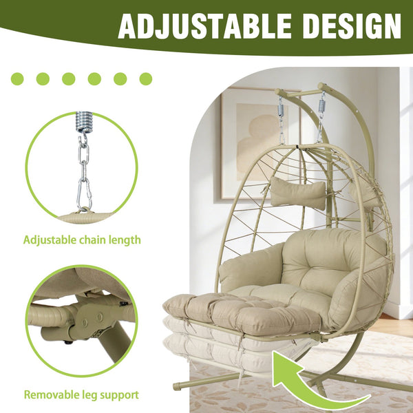 English Elm 2 Person Wicker Hanging Egg Chair with Stand Padded Cushions Patio Swing Seat T5880P500217