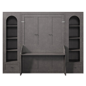 English Elm Queen Murphy Bed with Led Lighting Side Cabinets Shelving and Fold Down Desk Panel Gray N7090002226E-1