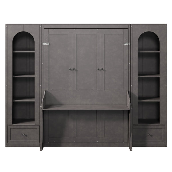 English Elm Queen Murphy Bed with Led Lighting Side Cabinets Shelving and Fold Down Desk Panel Gray N7090002226E-1