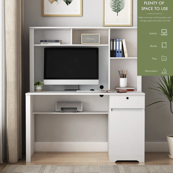 English Elm Computer Desk Modern Home Office with Hutch & Bookshelf, Spacious MDF Surface, Drawers, 3 AC/2 USB Ports, White, Compact Storage Solution W1321S00001