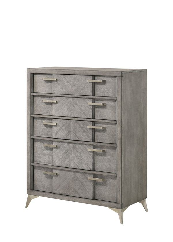 English Elm 5 Drawer Chest with Felt-Lined Top Drawer, Textured PU Finish, Smooth Side Guides, Ample Storage Appeal Gray 43.25 L x 21 W x 50 H B2699P236783
