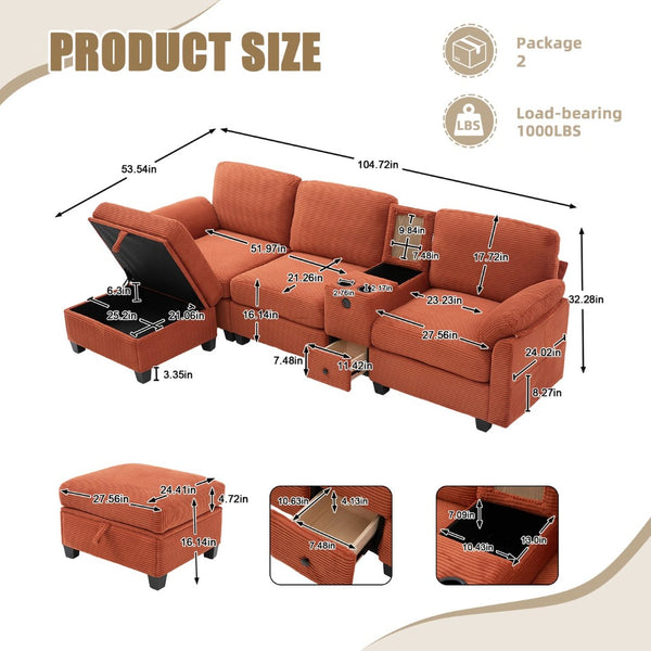 English Elm United Corduroy L-Shaped 4-Seater Sofa With Usb, Cup Holders & Storage Ottoman - Perfect For Apartments! W1568S00225-GIGA