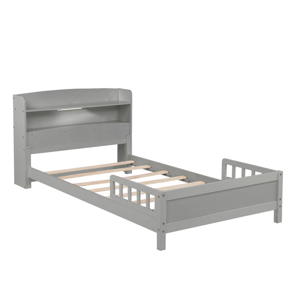 English Elm Twin Pine Wood Bed with Bookcase Headboard LED Motion Sensor Light Guardrails Ample Storage Space Grey W504P277595