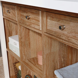 English Elm Work Table with Brown Melamine Top, 60x30x36in Sturdy Engineered Wood Workbench with Drawers & Shelves for Garage Studio B356P402743