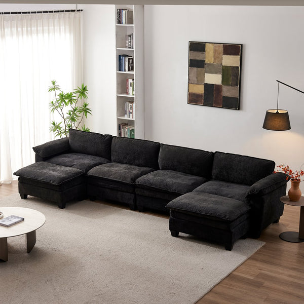English Elm Living Room U-shape Chenille Sectional Sofa with Two Ottomans Pocket Coil Support Black W1097S00242