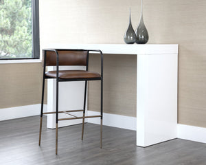 Sunpan Brenan Counter Stool - Elegant Curved Backrest, Unique Faux Leather, Black Metal Frame & Brass Caps Bravo Cognac