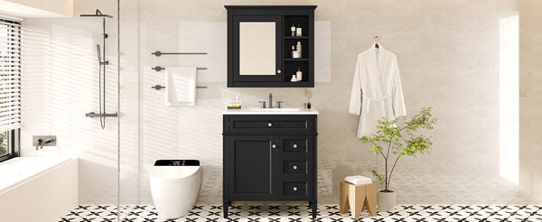 English Elm 30'' Bathroom Vanity Set With Mirror, Modern Freestanding Storage Cabinet & Integrated Sink Design SW000127AAB-1