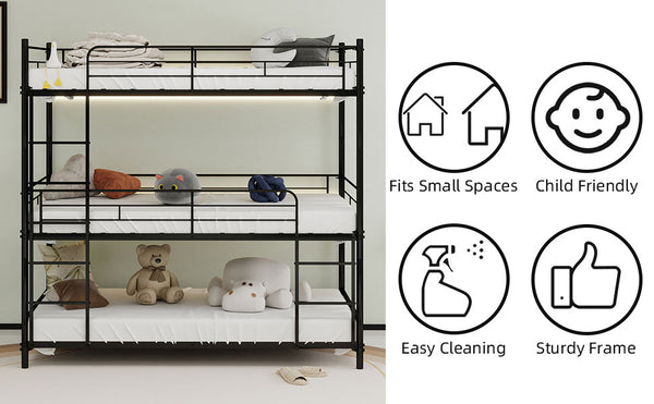 English Elm Heavy-duty triple bunk bed frame with built-in ladder, full guardrails, metal slats, space-saving design Black W1935P330699